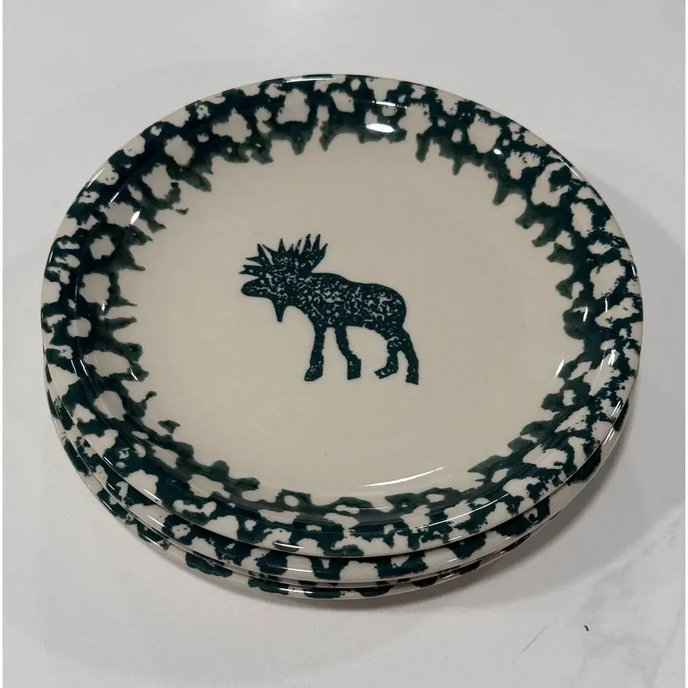VINTAGE Tienshan Moose Country Salad Plates Set 2 Folk Craft Spongeware 8 Inch